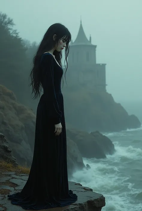 A pale woman with black hair, dressed in a long sleeve velvet dress ,crying infront on a clif by the shore, in front of an abandoned property in foggy dark weather