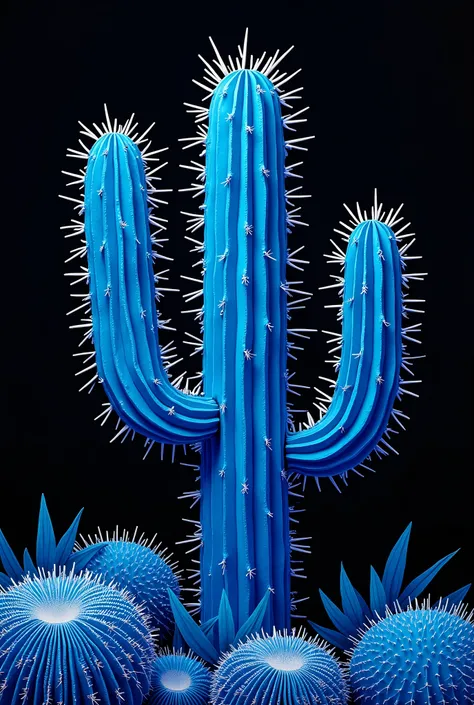 tableau cactus bleu, fond noir, style popart
