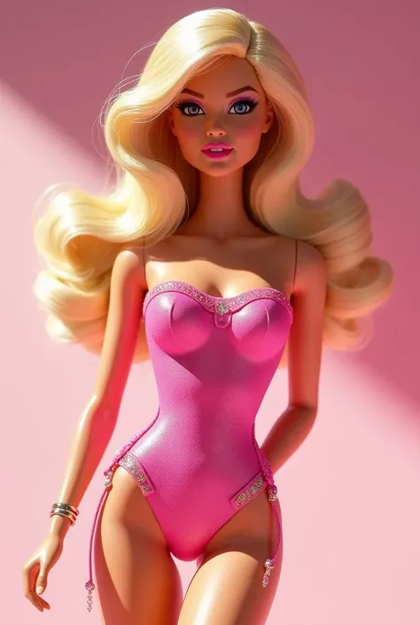 Create a Barbie with a pink strapless swimsuit and blonde hair ( in the shape of a barbie mouth )
