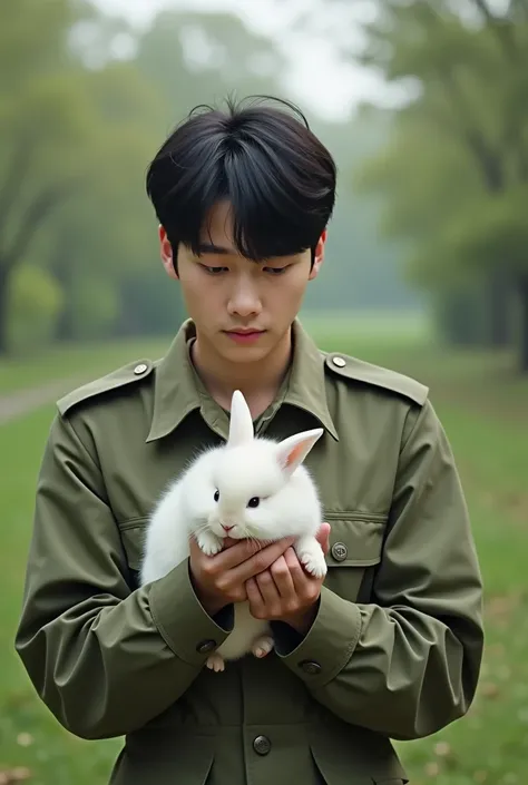 Jungkook in the army holding a rabbit
