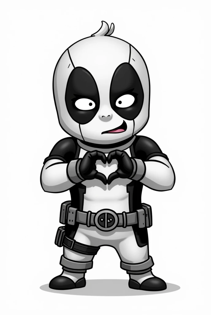 a drawing of an animated baby deapool standing making a heart with his hands in black and white 
