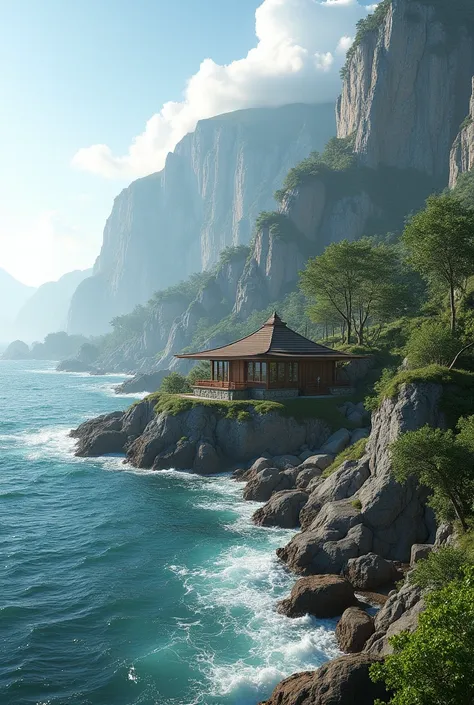 Not a big beautiful house on the seashore, beautiful rocky shore, epic landscapes all around, ultra detailed environment, a quiet, peaceful place, beautiful architecture and design,