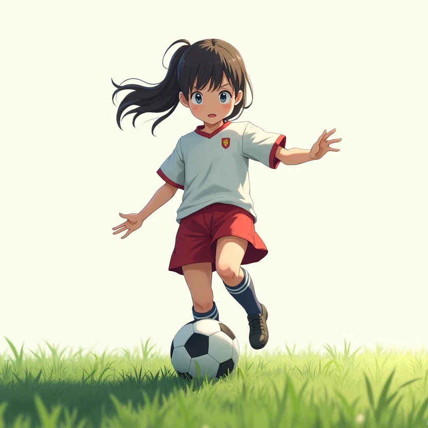 a girl in a soccer uniform kicking a soccer ball, soccer player, soccer ball against her foot, wearing a school soccer uniform, soccer, realistic anime style at pixiv, soccer ball, realistic young anime girl, playing soccer, anime character; full body art,...