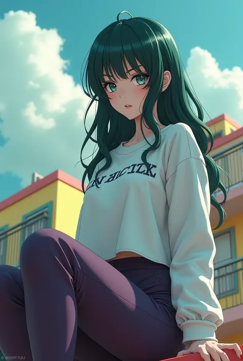 A white woman with a serious expression and dark green hair has dark purple pants and a white sweatshirt and has shark teeth sitting on top of an anime-style building