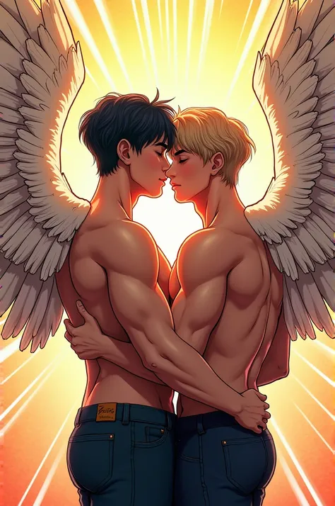 Jimin and jungkook bts with wings hugging, drawn in comics 