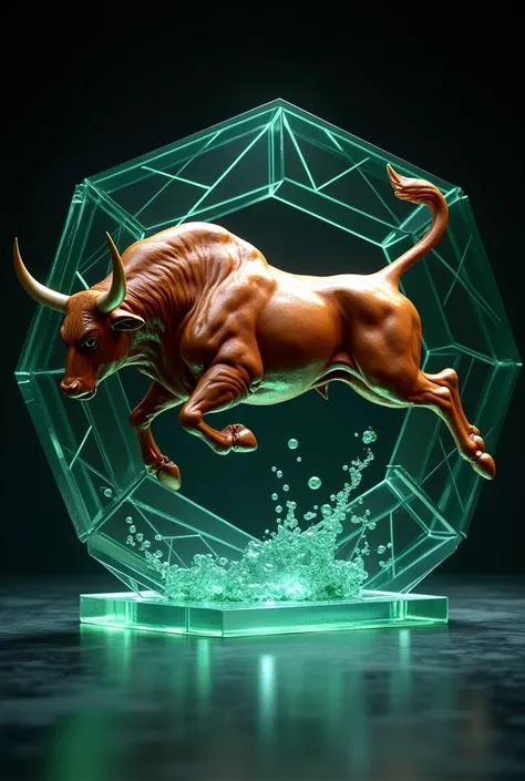 Leaping bull glass polygon 3d brown horn

 shades of green and aqua

left view, and dark background

( crypto,  bullish) 