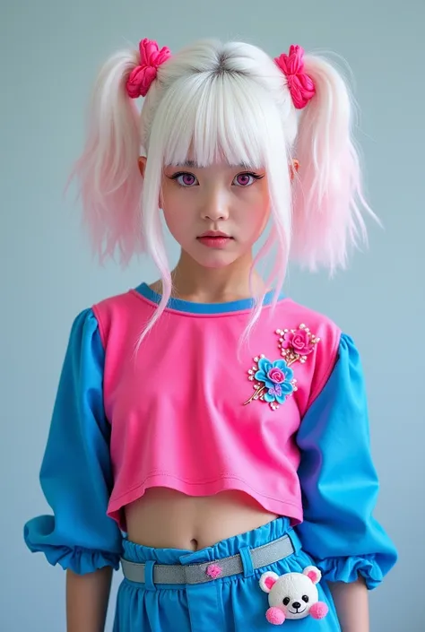 Girl white hair with hot pink with a ponytail short hot pink blouse and hot blue sleeves with rose on the sleeve bright blue pants a belt with a white and pink teddy bear on the other side pink eyes bright Eyes