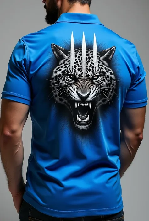 Make a bold blue shirt with a claw symbol on the back and a leopard design on the front.