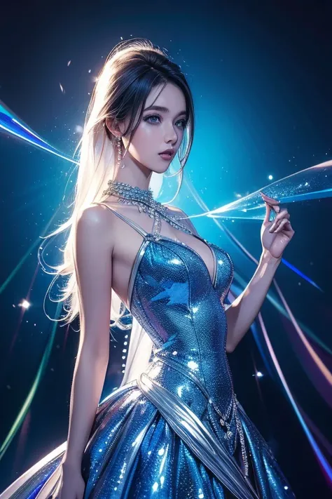 Upper Body、pearl、Platinum、Beautiful woman in blue dress, Background Diverse Punk, Cool Beauty, Glamorous proportions, (Super detailed, The absolute solution, Highest quality:1.3), 2.5D, Subtle and dynamic effects, Rainbow lighting effect, Artistic photogra...