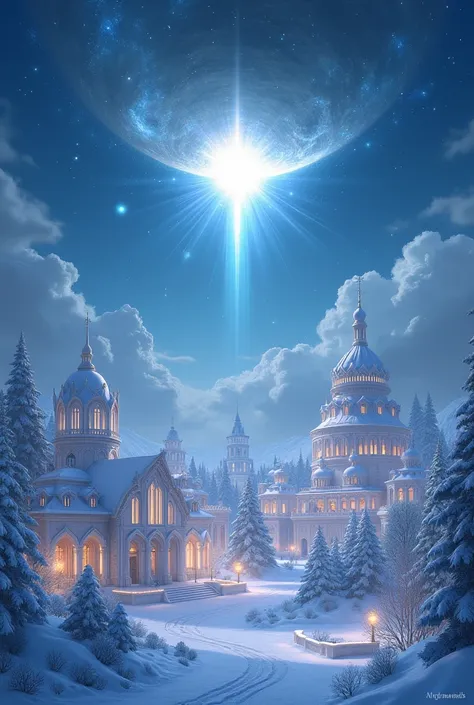 
a light in the sky. above a snow-covered city with crystal houses and palaces. 