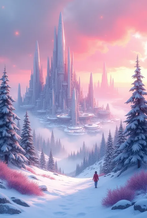 Create a straight watercolor painting style scenario where there is a futuristic alien city in the background., It&#39;s snowing with white snow that&#39;s kind of pink and purple.