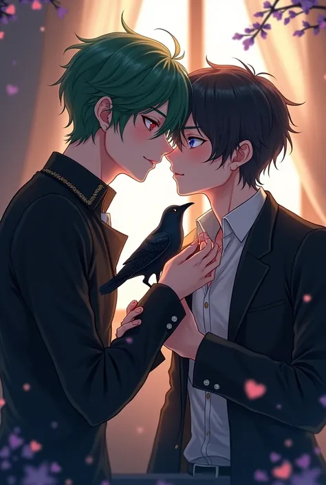 a man with green olive hair with red eyes and dark clothes with his crow sleepover with emo black hair guy with blue eyes with office shirt with black coat in anime version male love male yaoi