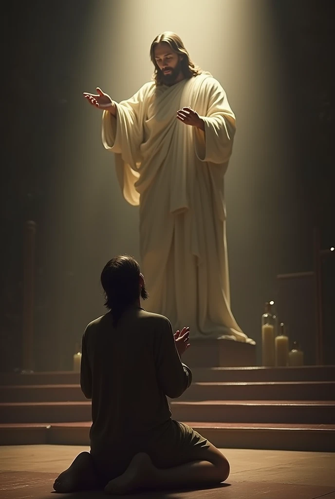 An image of a person kneeling at the feet of Jesus
