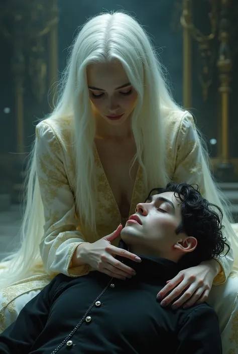 A pale woman with long white hair, dressed in a long sleeve white and gold velvet dress holding a young handsome man with black hair dressed in all black clothing lying on the ground