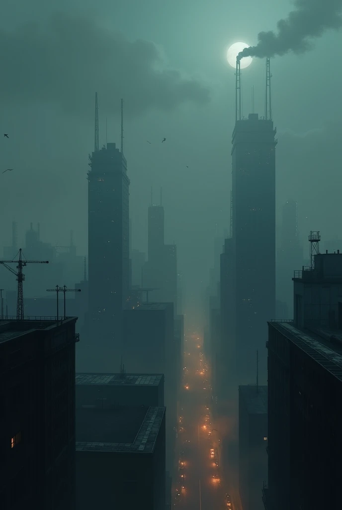 Design: A city skyline at night with smog and factory smoke covering the stars.