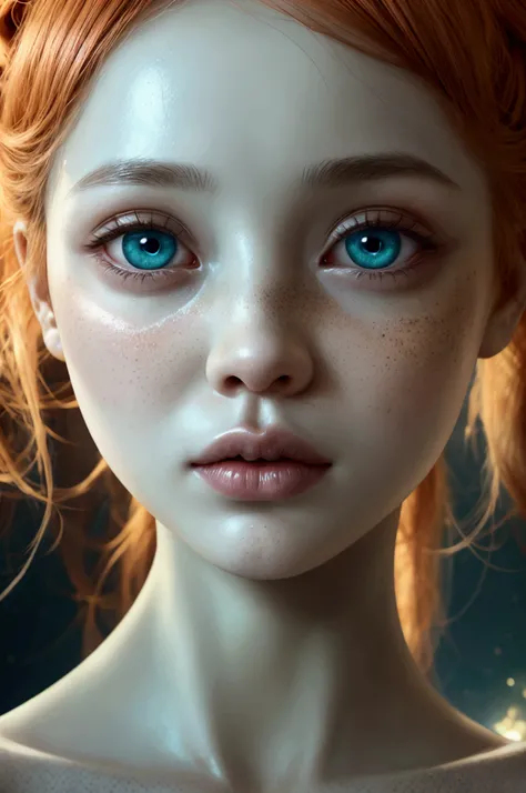 digital art  of an ethereal, full body naked doll-like miniature fantasy sci-fi design, ginger-haired nude, with a highly stylized appearance. The character has large, expressive teal iridescent eyes with intricate reflections, surrounded by dark, smoky ma...