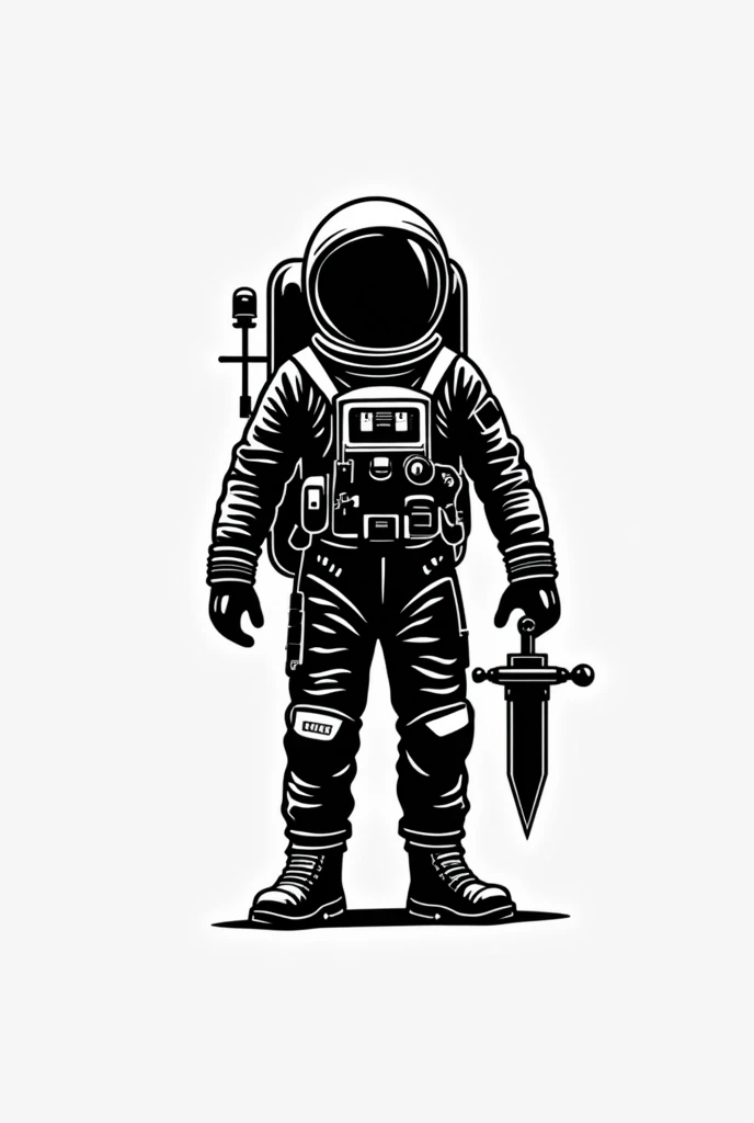 Logo with few details featuring an astronaut and a tattoo machine, black and white art.