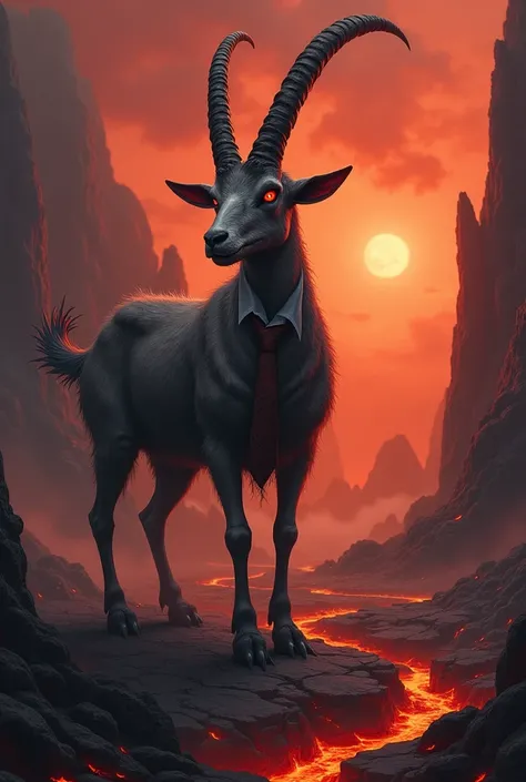 Demonic goat with a tie in hell