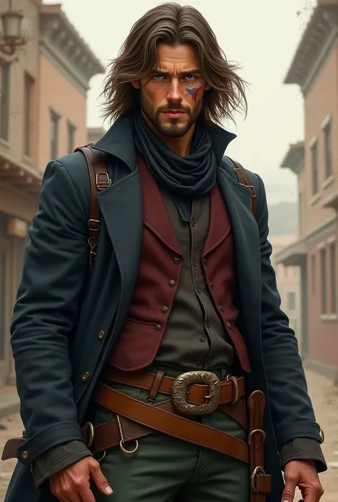 young western man, long brown hair, short beard, navy blue coat with high collar, dark green pants, caramel colored belt, burgundy vest, dark gray shirt, black bandana at the neck, dark brown bandolier, scar shape of X underneath the left eye.
