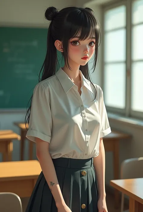 Thin cute korean school Girl In skirt And  white shirt in an empty classroom, full shot, Full Body, Perfect Body, Embarrassed Expression, Blushing Soft Round Face, red rosy lips, long wet drenched hair tied in a messy bun falling onto her face, Intricate D...