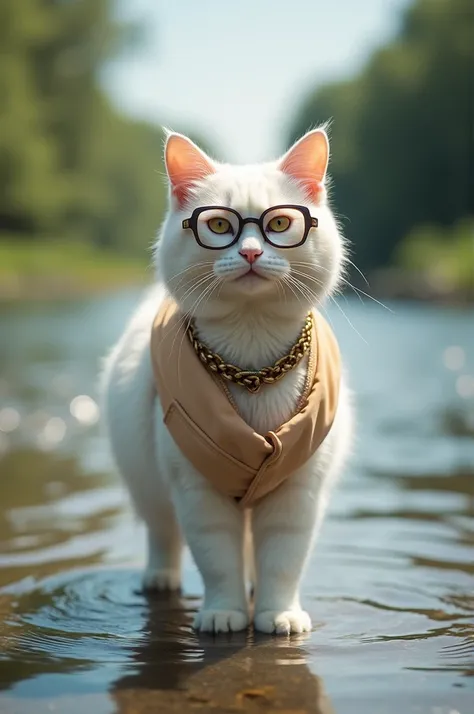 A white cat on 2 legs with glasses and beachwear in a river 