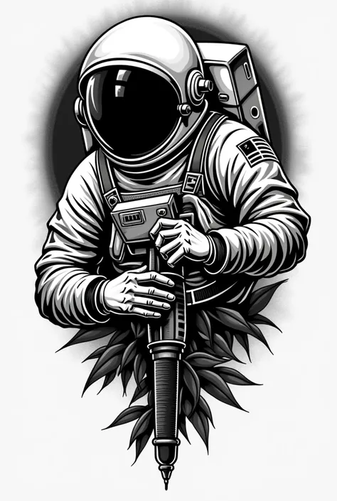 Logo for tattoo artist, with few details where there is an astronaut and a tattoo machine, black and white art.