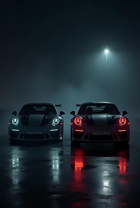 create two pictures in portrait format in the pictures, since the same Porsche GT three RS can be seen twice. He is pictured from the front and in one picture you can see nothing except a bit of his outline and he is not illuminated by any light. In the se...