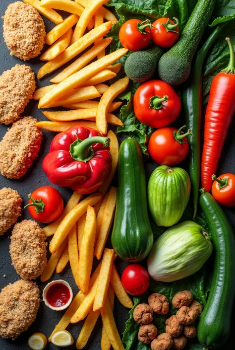 	An image divided into two parts: On the left, a representation of unhealthy foods (junk food); On the right, A selection of healthy foods for diabetics (vegetables, fruits, whole grains).