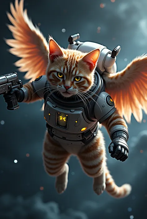 A cat wearin spacesuit has wings with angry face flying in space with gun 