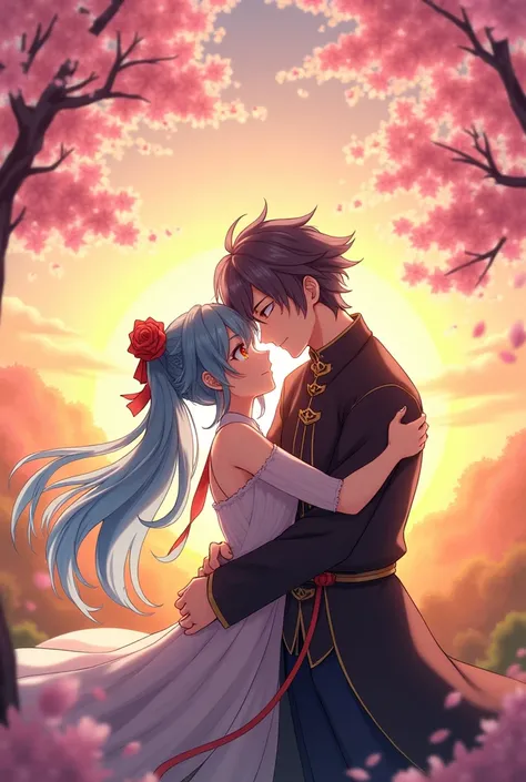 kaedehara kazuha from the video game genshin impact smiling hugging Xiao from the video game genshin impact, both men, with a sunset background next to a blooming cherry tree. The drawing style is anime-like in color.