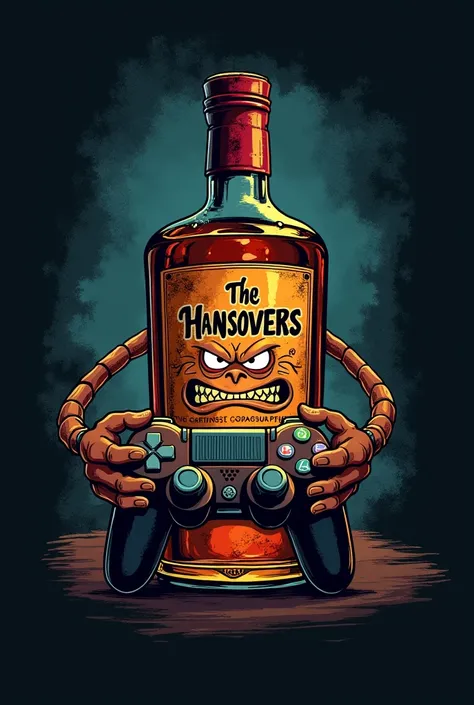 logo - the hangovers. angry bottle of whisky with gamepad on center