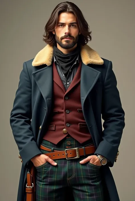 young western man, long brown hair, short beard, navy blue coat with high beige fur collar, dark green plaid pants, caramel colored belt, burgundy vest, dark gray shirt, black bandana at the neck, dark brown bandolier.