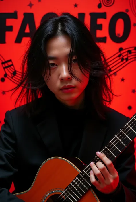 30 year old Asian guy who looks like DPR ian and has long hair and in the background the word facneo is written and has black musical notes around him and has an electric guitar and is looking straight ahead and has reddish colors in the background And the...