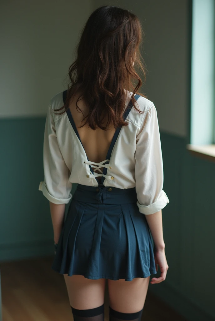 photo of a young woman alone from behind, 2, with blue eyes and brown hair, in slightly naked schoolgirl outfit