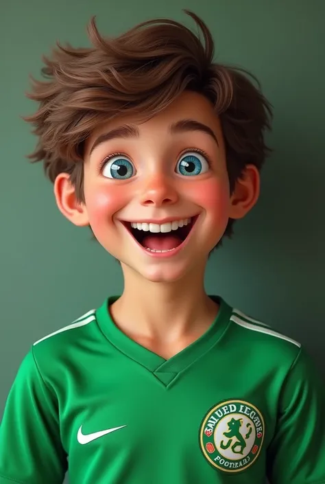 1boy, adolescent, laughing, green jersey, brown hair, blue eyes