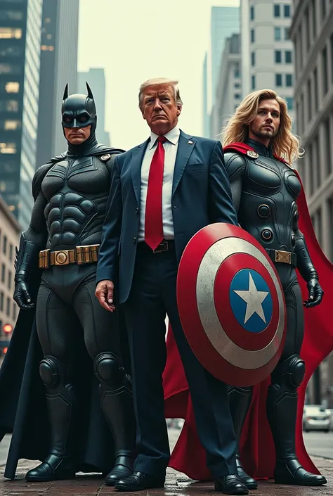 Elon Musk as Batman,  President Trump as Captain America, and RFK jr as Thor