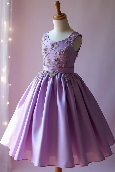 Purple dress made of satin fabric with a pleated skirt and flower embroidery on the top for a  girl