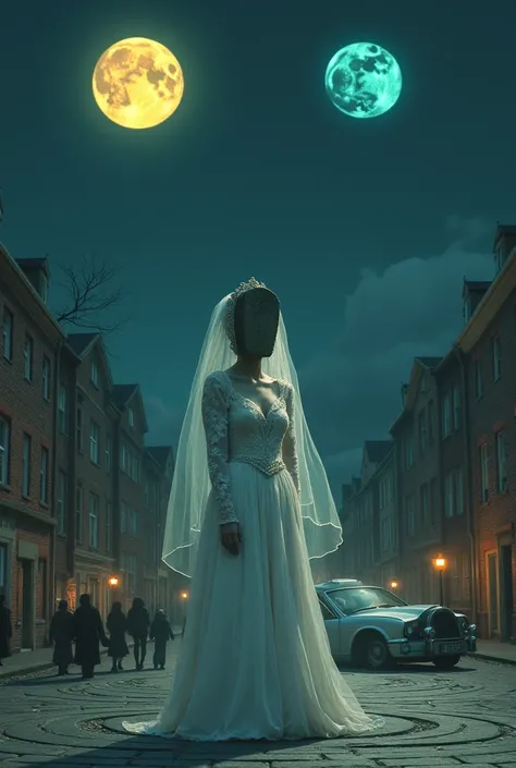 Draw a square with a roundabout street at night,  an overturned car, two moons, one yellow and one blue and a woman with a head of a tombstone wearing a Petro wedding dress and veil 