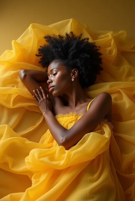 a black woman lying full-length vertically to the right wearing a yellow dress made of very light fabric 
