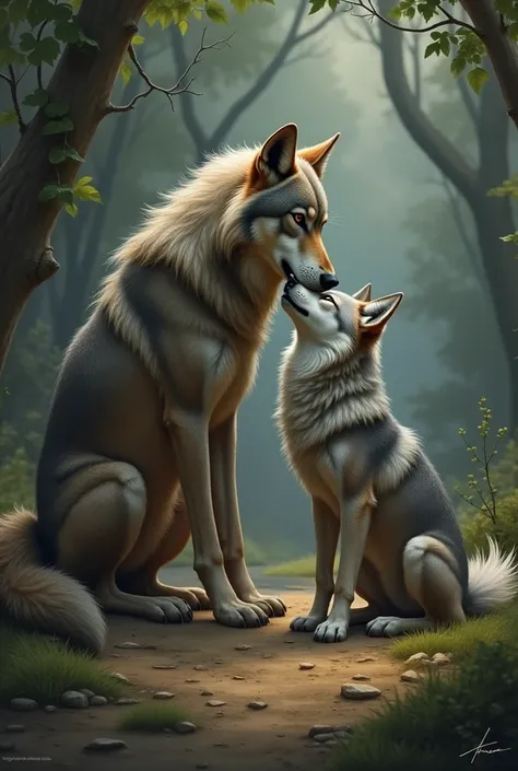 Wolf taking care of his she-wolf 
