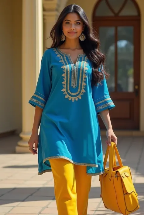 CUTE AND CURVY INDIAN GIRL IN A Blue KURTI AND Yellow LEGGINGS IS A PERFECT EXAMPLE OF HOT DESI STYLE! HER LOOK IS A COMBINATION OF CONFIDENCE AND ELEGANCE, EMBRACING HER CURVES WITH EVERY STEP SHE TAKES.