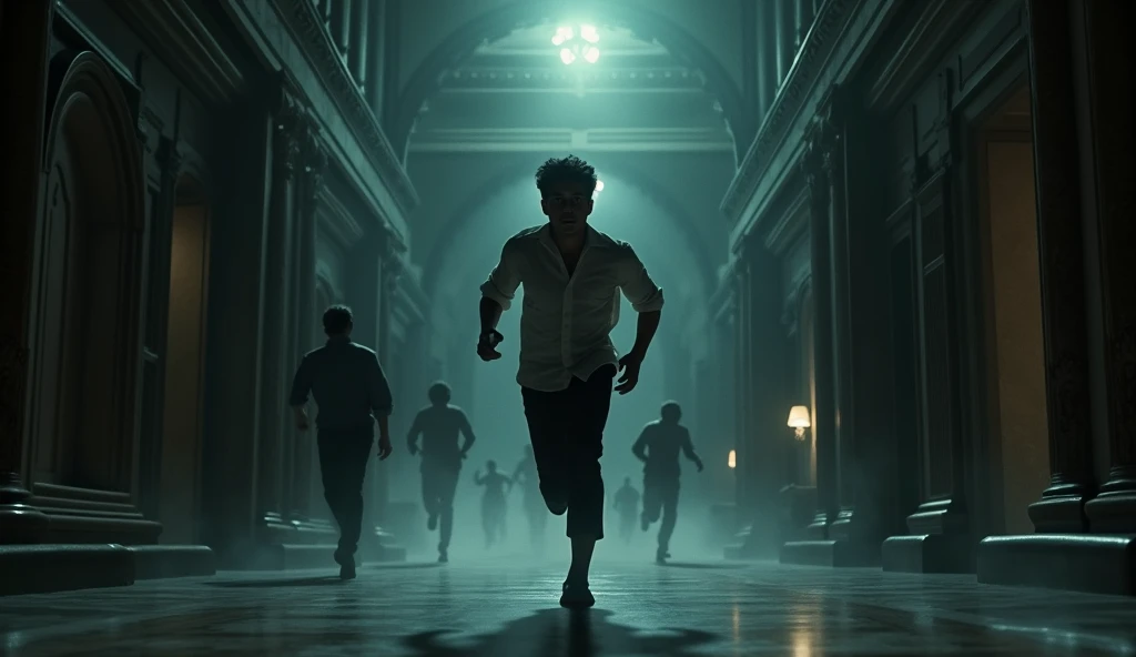 Rahul running frantically through the dark, labyrinthine corridors of the mansion, with shadows looming around him.
