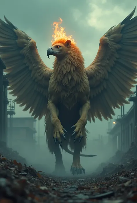 anatomically correct, ((Mythological griffin becomes lions body, fiery eagle head emerges from the mist:1.5)), end of the world, epic realism, (HdR:1.4), (Muffled colors:1.4), Apocalypse, abandoned, neutral colors, night , screen space refraction, (intrica...