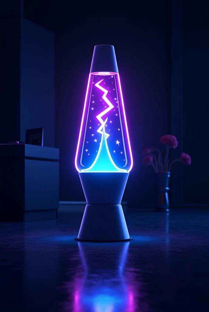 a logo with the title "LUMINUZ LAB." IN NEON BLUE AND PURPLE. BEHIND THE TITLE, A LIGHTNING SYMBOL INSIDE A LAVA LAMP. realisitic. DARK ROOM IN THE BACKGROUND. escala 3072x3072