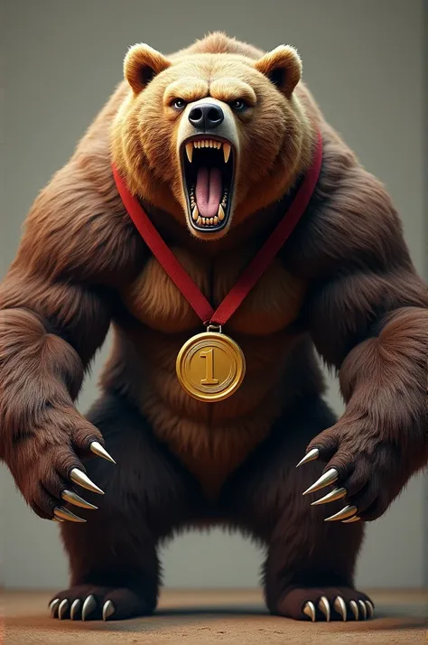 ANGRY FACED BROWN BEAR WITH CLAWS WITH A NUMBER 1 MEDAL