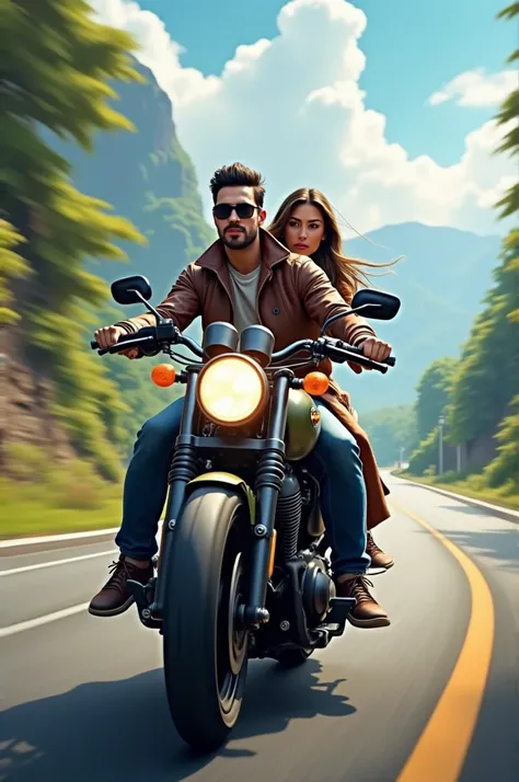 Create an image where there are 2 people on a motorcycle