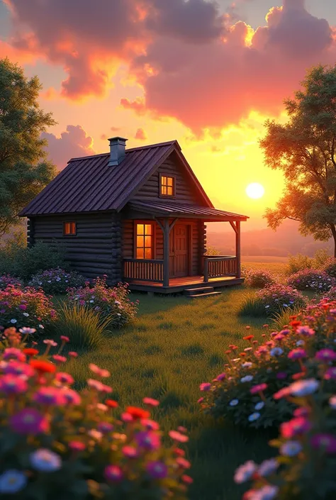 Cabin with flower garden in the middle of the sunset