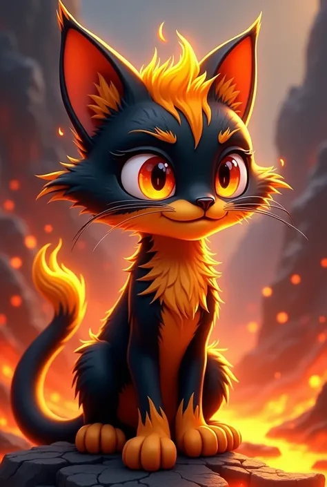 Cartoon like cat that has black orange and yellow fur with big eyes that looks edgy and resembles lava