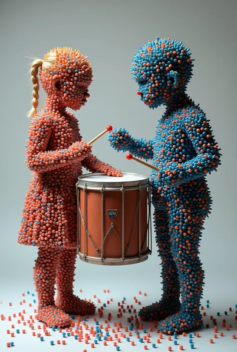 (photorealism:1.2), grey children drums, made of uncountable little colored pushpins, show some parts of the children Drums, grey background, 8K, High Quality