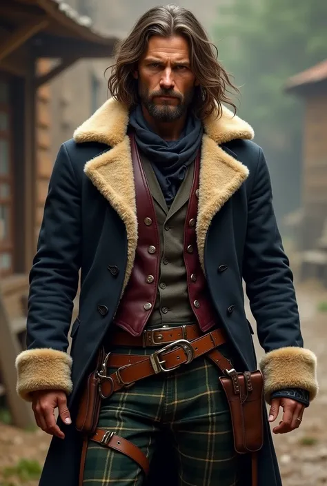 young western man, long brown hair, short beard, navy blue coat with high beige fur collar, dark green plaid pants, caramel colored belt, dark brown holster, burgundy vest, dark gray shirt, black bandana at the neck, dark brown bandolier.